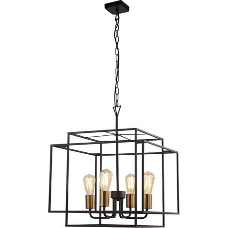 Searchlight CRATE - Pendentif en cage à 4 ampoules à cadre noir avec douilles en bronze (1/3)