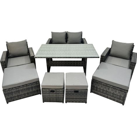 Fimous 8 Seater Wicker PE Rattan Furniture Outdoor Dining Table Double Seat Sofa 4 Stools Set Dark Grey Mixed (1/4)