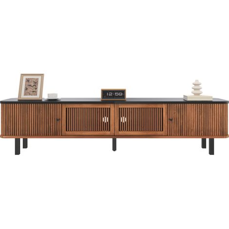 Meuble TV moderne 190 x 35 x 45 cm, portes coulissantes et porte grille, grand rangement, finition bois foncé, CHICFURN (1/5)