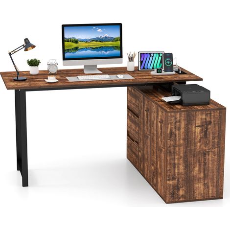 COSTWAY L-Shaped Desk 138 cm Reversible Corner Computer Desk-Coffee (1/5)