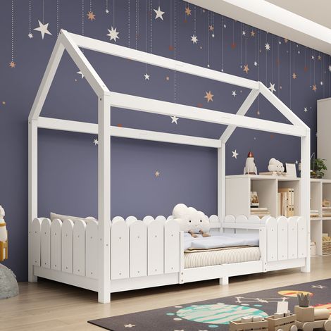 Lit enfant 90 x 200 cm bois blanc barreaux protection anti-chute sommier à lattes sans matelas (1/5)