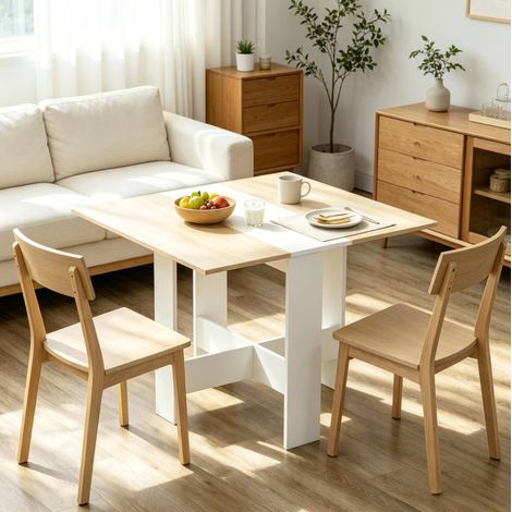 Table pliante design bicolore en MDF effet chêne et blanc pour cuisine ou salon (1/5)