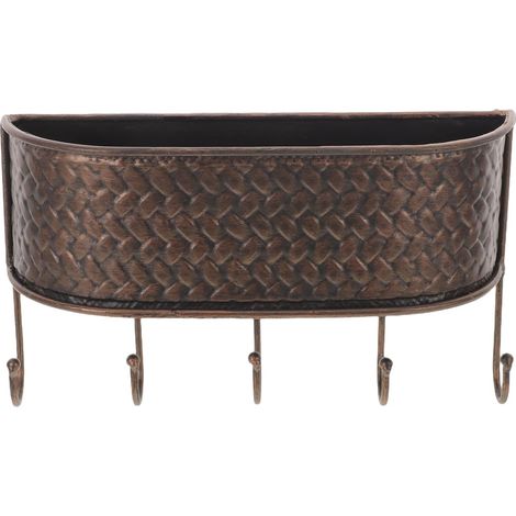 Organisateur Clé Mural Vintage en Fer 5 Crochets Porte-clés, Panier de Rangement Rouge Cuivre pour Entrée et Couloir, Boîte aux Lettres Murale, Support de Stockage de Clés