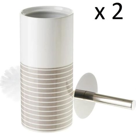 Lot de 2 brosse de toilette WC avec support, porte brosse WC en céramique coloris blanc - beige-Diamètre 10 x Hauteur 32 cm-JUANIO (1/4)