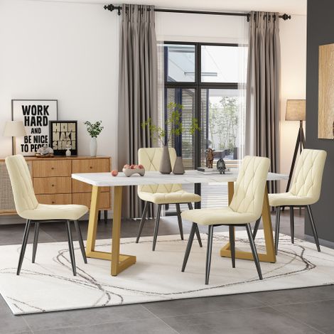Ensemble de salle à manger (table rectangulaire 117 x 68 cm avec 4 chaises), style moderne, chaises de salle à manger en velours beige, pieds de table dorés (1/5)
