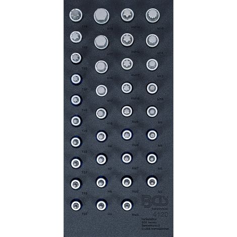 BGS Werkstattwageneinlage 1/3: Bit-Einsatz-Satz Antrieb Innenvierkant 12,5 mm (1/2") Innensechskant, T-Profil (für Torx), Innenvielzahn (für XZN), Keil-Profil (für RIBE) 36tlg. - 4120 (1/2)