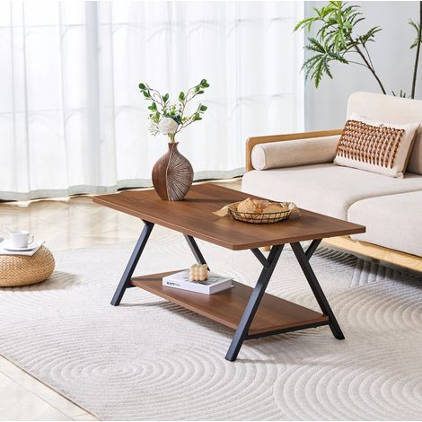 Table basse industrielle en MDF finition bois foncé, avec double rangement et structure en métal noir mat, 110 x 57 x 44,5 cm, pour salon, bureau et petits espaces - CHICFURN (1/5)