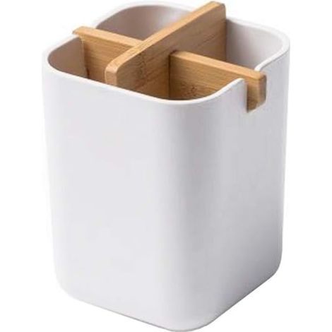 Bamboo Toothbrush Holder with 4 Compartments, Toothbrush and Toothpaste Shower Cup, Home Kitchen Utensil Holder - White (1/4)