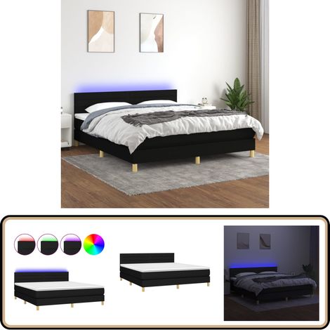 Sommier à lattes de lit avec matelas LED Noir 160x200 cm Tissu - Sommier Tapissier - Lit Avec Led - Matelas À Ressorts Ensachés - Têtière Ajustable - Éclairage LED
