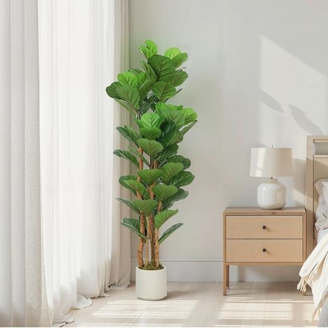 Ficus lira artificial 71 hojas, tronco de madera, maceta blanca, 50 x 50 x 150 cm, verde OKMYHOME (1/5)
