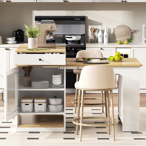 Mesa isla de cocina extensible 80x71/111/151x92 cm blanca y natural en MDF y vidrio con enchufes y almacenamiento (1/5)
