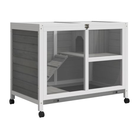Indoor Wooden Rabbit Hutch with Wheels and Openable Roof, 91.5 x 53.3 x 73 cm, Grey Color (1/5)