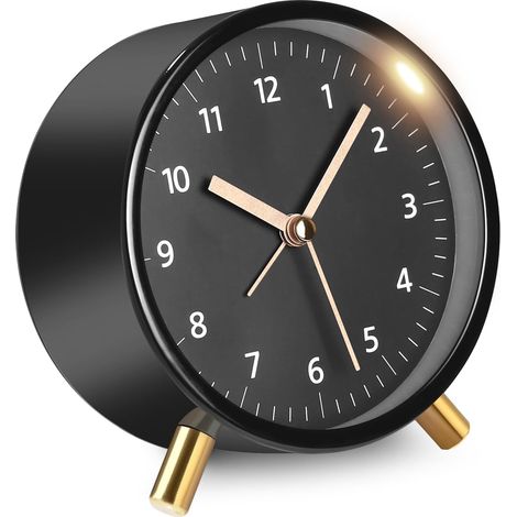 Sveglia analogica silenziosa, piccolo orologio da tavolo nero senza ticchettio, sveglia rotonda, sveglia da viaggio con luce notturna, sveglia da comodino