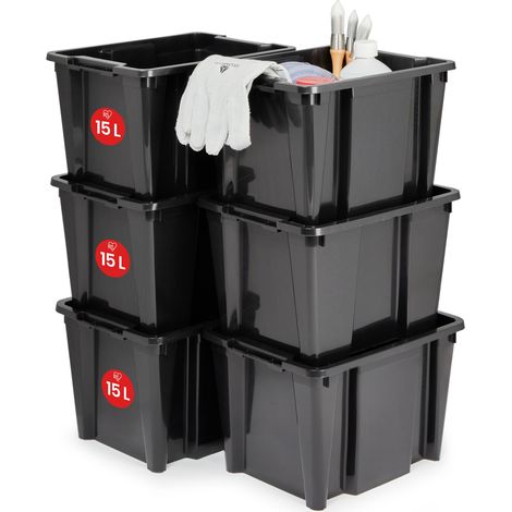 Boîtes de rangement plastique de 45L, Lot de 6, Sans BPA, HB-15, Noir, Sans couvercle- L35 x P26.5 x H22 cm (1/5)