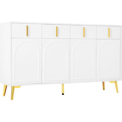 Weißes MDF-Sideboard mit 4 Türen, 4 Schubladen, goldenen Griffen & Beinen, 140x38x82 cm (1/5)
