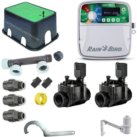 Kit di irrigazione automatico Rain Bird a 2 zone da 24 V per tubi da 32 mm Include programmatore, elettrovalvole e accessori (1/4)