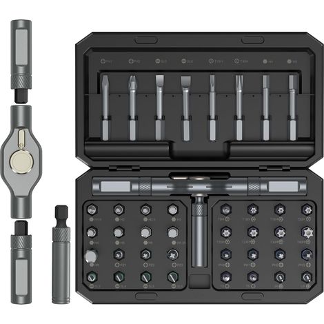 1 Satz (16,6 x 9,45 x 3,95 cm) 42-in-1 Präzisions-Magnet-Multibit-Schraubendreher schwarz mit 40 Bits und einem abnehmbaren T-förmigen Ratschengriff (1/4)
