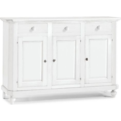Credenza in legno arte povera tre porte tre cassetti Bianco opaco