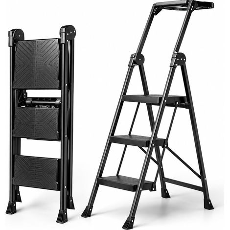 Échelle à 3 marches - Échelle de sécurité - Pliable - Avec étagère - Large surface d'appui et main courante - Jusqu'à 300 kg - En acier (1/5)