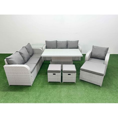 Fimous 10 Seater Poly Rattan Outdoor Garden Furniture Adjustable Lifting Dining or Coffee Table Sofa Set Patio 3 Seater Sofa Reclining Chair 3 Seater Sofa 3 Stools Side Table Light Grey (1/5)