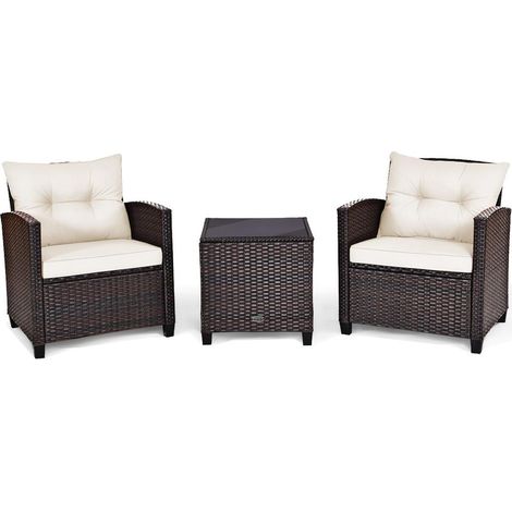 Rotin tressé blanc salon de jardin 3 pièces avec coussins et table basse pour terrasse (1/5)