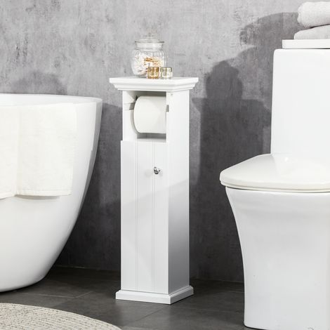 Meuble de salle de bain avec porte-papier toilette et armoire en MDF, 21,5 x 17,8 x 66,5 cm, blanc (1/5)