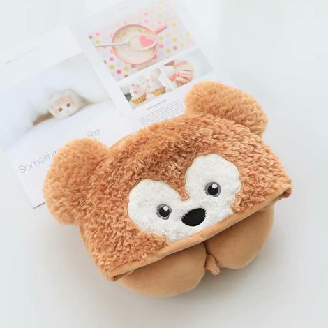 Coussin de voyage en forme de U avec capuche, motif ours jaune mignon, en coton PP, pour siège d'avion (1/5)