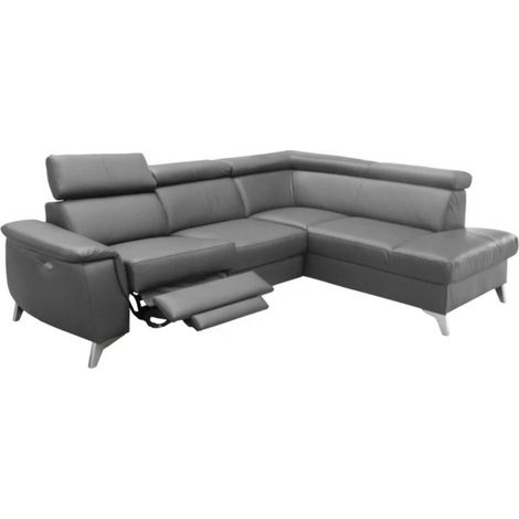 Canapé d'angle en cuir italien de luxe 5/6 places avec relax électrique et coffre, LINCOLN, gris foncé, angle droit (1/4)