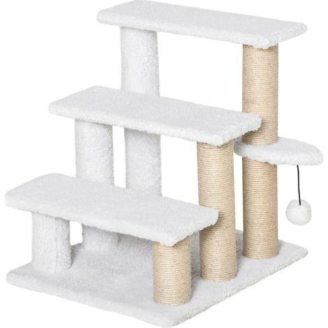 Haustiertreppe Mit Kratzbaum Ball 3-Stufige Katzentreppe Hundetreppe Tiertreppe Spanplatte Plüsch Jute Weiß 45 X 40 X 48 Cm