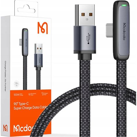 Cable USB-C Mcdodo con conector en ángulo para carga rápida, USB tipo C, 6A, 100W, negro, 2M (1/5)