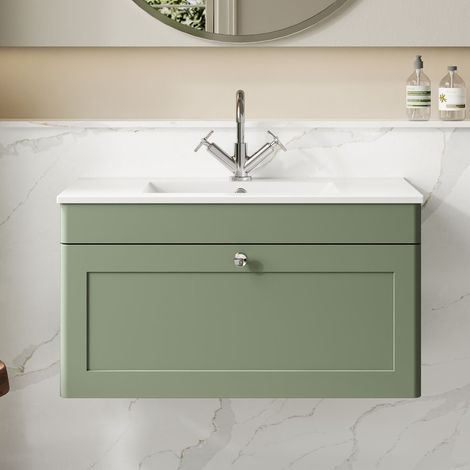 Nuie Classique Wall Hung 1-Drawer Vanity Unit with 1TH Minimalist Basin 800mm Wide - Satin Green
