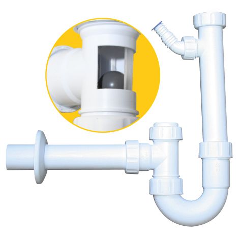 PP-Kugelverschlußsiphon 1 1/2" & 1 1/4", mit ReinigungsöffnungDN 50, mit einem Geräteanschluss (1/2)