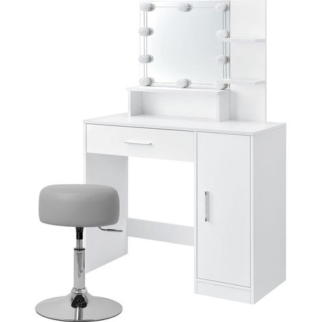 ML-Design Tavolo da Trucco Toeletta Make-Up Organizer Cosmetici Specchio Illuminazione LED 1 Cassetto e 3 Scomparti 90x38x137 cm Set Tavolino Legno MDF con Sgabello Rotondo Altezza Regolabile Grigio