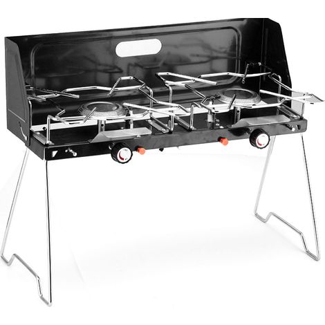 Réchaud gaz portable 2 brûleurs extérieur pliable en alliage d'aluminium noir pour camping pique-nique (1/5)