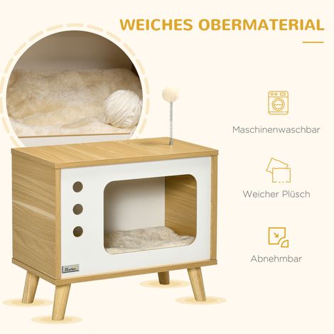 Chat en forme de TV avec jouet, coussin lavable, 50 x 28 x 43 cm, chêne + beige + blanc (1/4)