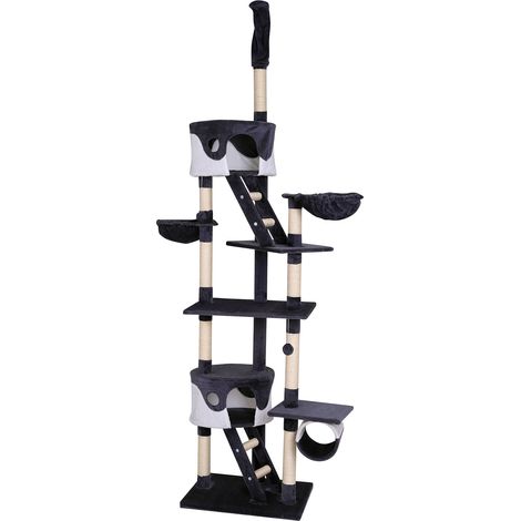 lionto Kratzbaum mit Deckenspanner, 230-250 cm großer Aktivitätsturm mit 2 Höhlen, 2 Liegemulden, Treppen & Spielbällen, grau/weiß