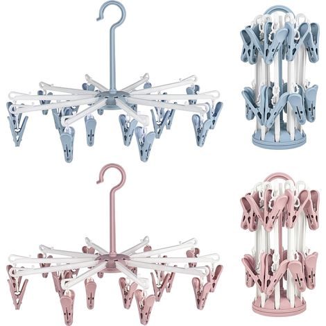 Sollbry Lot de 2 séchoirs à chaussettes suspendus pour séchoir à linge, crochets de camping avec 20 clips pour chaussettes, sous-vêtements(rose, bleu) (1/5)