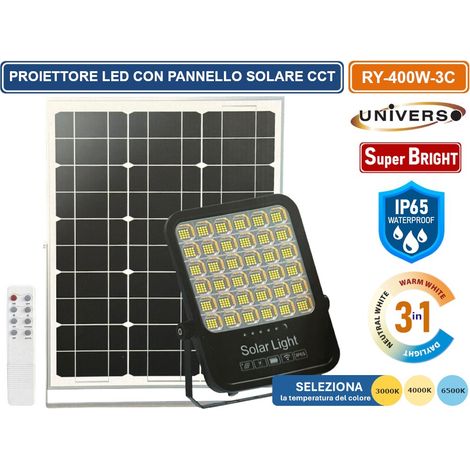 UNIVERSO RY-400W-3C FARO LED FLOODLIGHT 4400 LUMEN IP65 TEMPERATURA COLORE SELEZIONABILE CCT 3IN1 3000K 4000K 6500K CON PANNELLO SOLARE E TELECOMANDO (1/2)