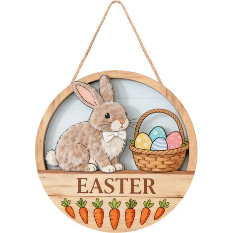 Panneau De Porte En Bois - Décoration Murale Rond Pour Pâques - Lapin Et Œufs Colorés - 30 Cm - Intérieur (1/5)