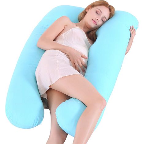 Oreiller de grossesse en forme de U, soutien lombaire, oreiller pour dormir sur le dos et sur le côté, 130 x 70 cm (bleu ciel)-AquaForge (1/4)