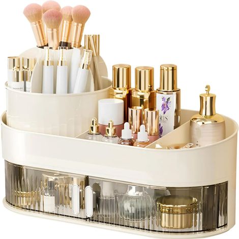 Organisateurs et rangements pour tiroirs, organisateur de maquillage, étagère cosmétique multifonctionnelle à 2 niveaux, organiseur de pinceaux, organisateur de produits de beauté, blanc crème (1/5)