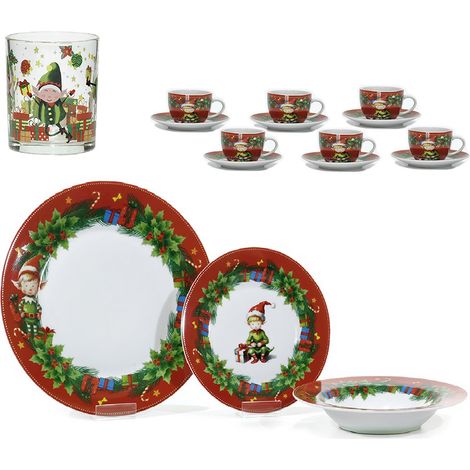 Set di piatti bicchieri tazzine da caffe' per 6 persone decoro natalizio Elfo Joyfull", simbolo di gioia e felicità a tavola di natale