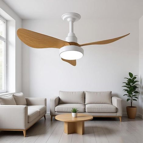 Ventilateur de plafond encastré de style moderne avec éclairage, télécommande, intensité variable, blanc et imitation bois (1/5)