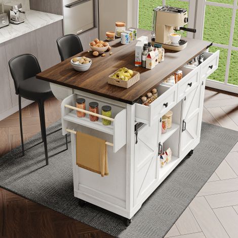 Îlot de cuisine, desserte avec plan de travail coulissant, meuble de cuisine, chariot de cuisine, desserte pour îlot de cuisine, desserte à quatre portes et deux tiroirs, desserte à quatre portes en i