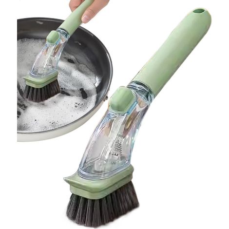Brosse à vaisselle avec distributeur de savon intégré, brosse de cuisine manuelle pour un nettoyage efficace de la vaisselle, des casseroles, des poêles et de l'évier.(vert) (1/5)