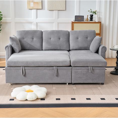 Sofá rinconero convertible con arcón, chaise longue reversible, chenilla gris DESVIAE (1/5)