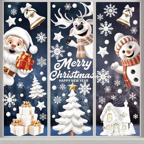 Décorations de Noël pour fenêtres - 9 feuilles d'autocollants blancs à effet stéréoscopique, flocons de neige, Père Noël, rennes (1/5)