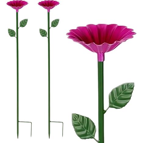 Bain d'oiseaux de jardin debout 65 x 8 cm - 2 abreuvoirs à oiseaux en métal résistant à l'hiver avec piquet - Rose rouge - Grand abreuvoir à oiseaux sauvages et insectes (1/5)