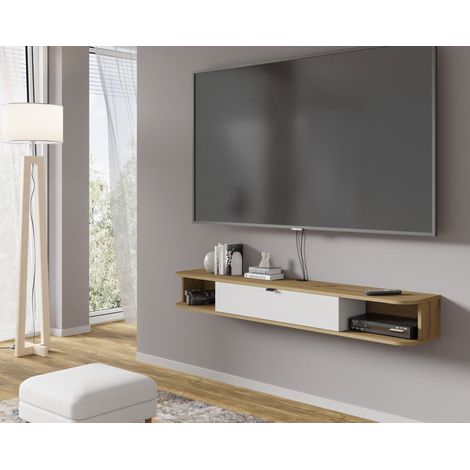 Mueble de TV ICARUS 156 cm colgante bajo televisión, redondeado, roble artisan/blanco mate (1/5)