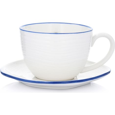 Taza y platillo de porcelana Krog Duka de 420 ml, color blanco y azul marino. (1/5)